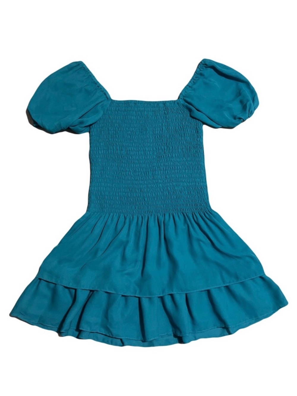 Parker Silk Smocked Mini Dress Teal Puff Sleeve Ruffle S Small NWOT - Picture 4 of 8
